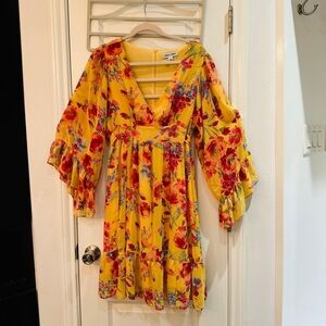 Yellow Floral V-Neck Ruffle Sleeve Dress